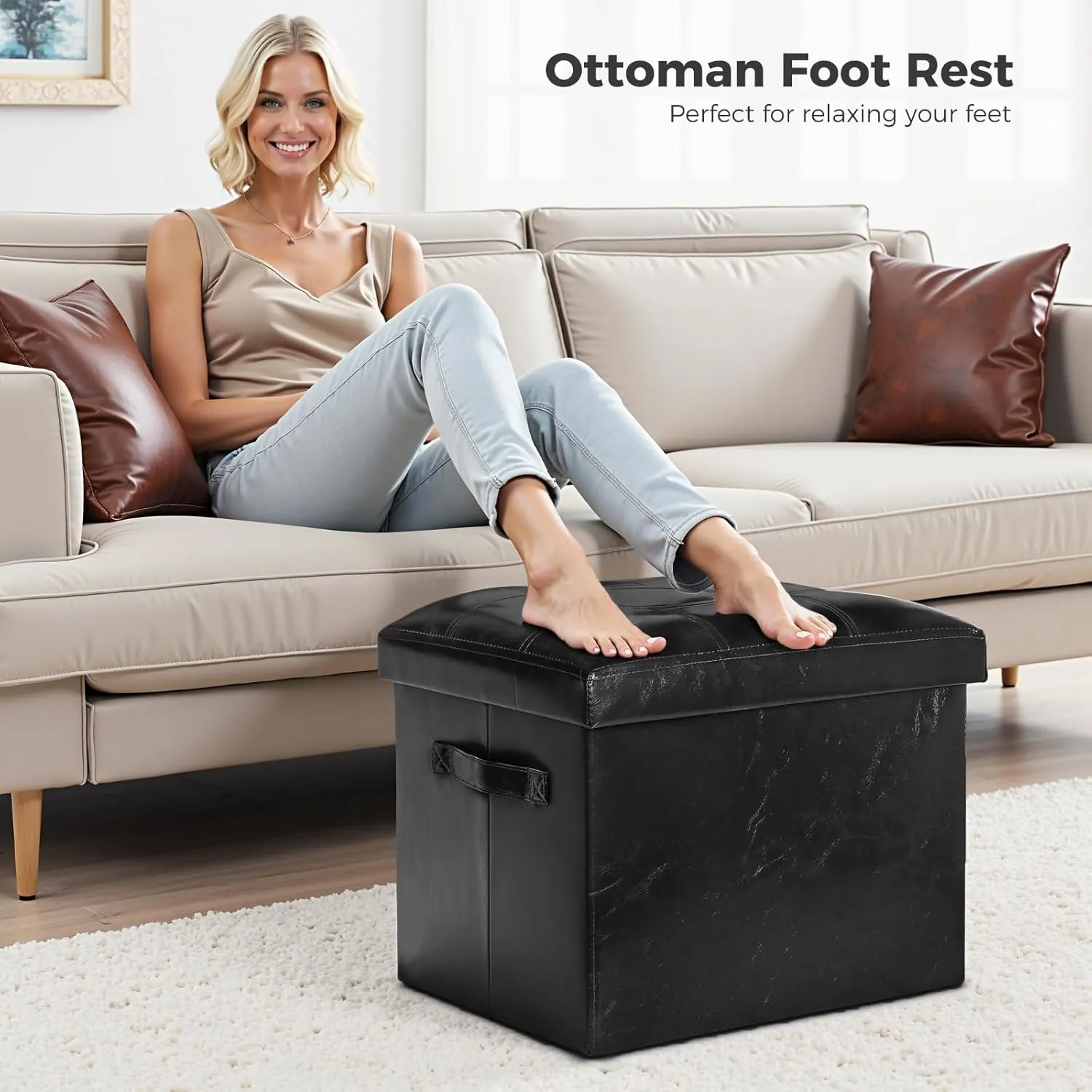 Storage Ottoman Footrest Stool. Foldable Oil Waxed Leather Footstool with Thicker Foam Padded Seat. Small Ottoman with Storage Bench for Living Room Bedroom 350 lbs, 17x13x13in, Black.