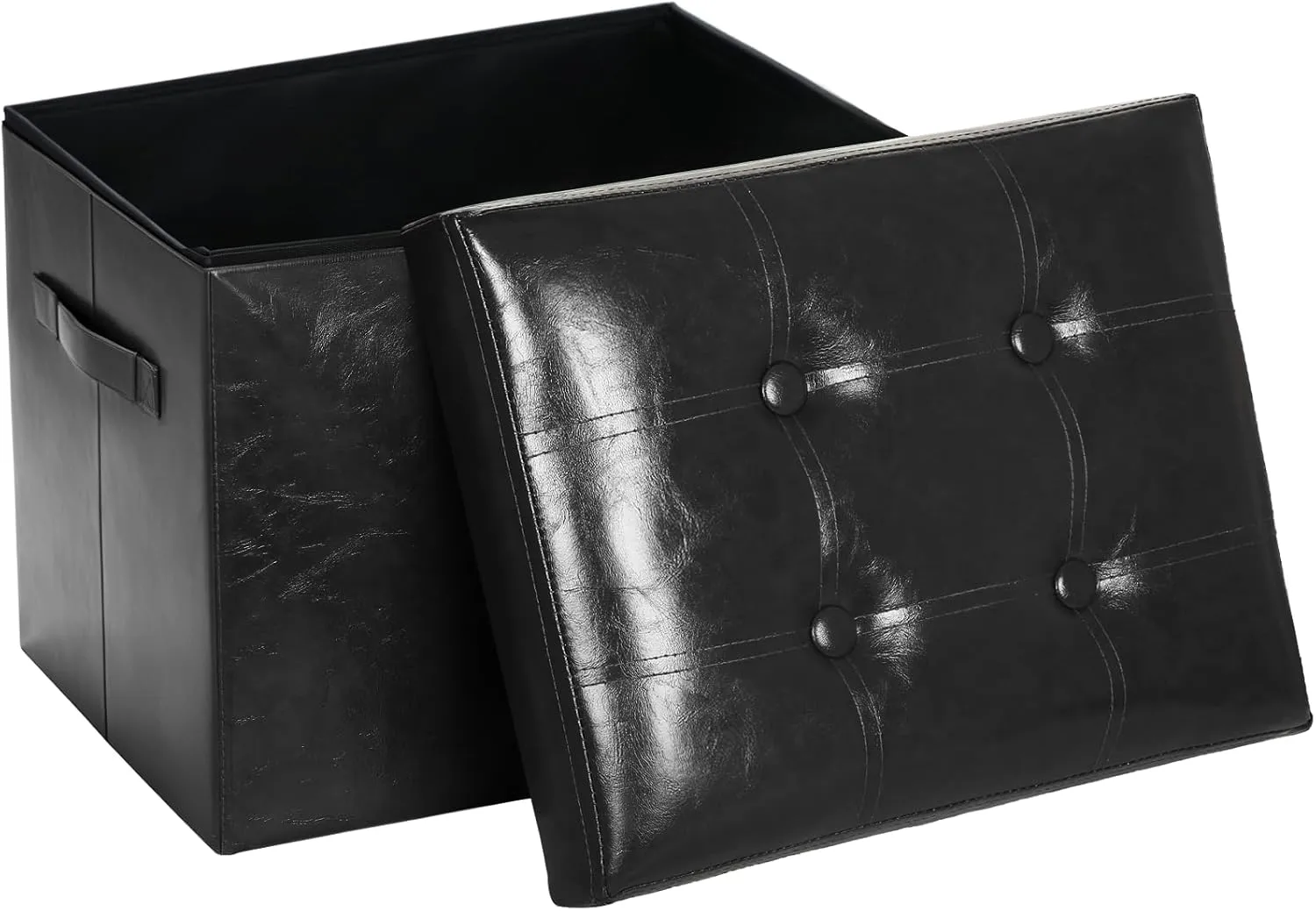 Storage Ottoman Footrest Stool. Foldable Oil Waxed Leather Footstool with Thicker Foam Padded Seat. Small Ottoman with Storage Bench for Living Room Bedroom 350 lbs, 17x13x13in, Black.