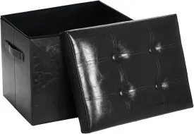 Storage Ottoman Footrest Stool. Foldable Oil Waxed Leather Footstool with Thicker Foam Padded Seat. Small Ottoman with Storage Bench for Living Room Bedroom 350 lbs, 17x13x13in, Black.