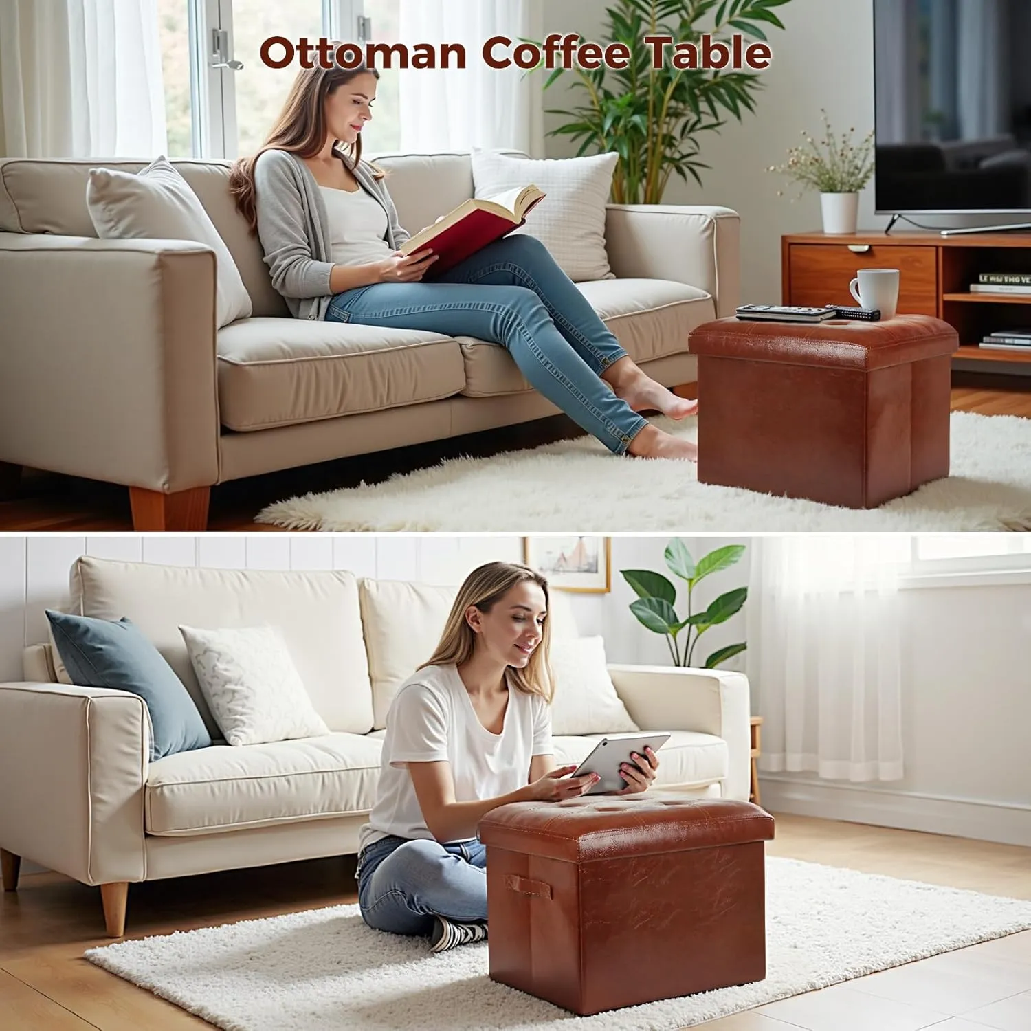 Storage Ottoman Footrest Stool with Thicker Foam Padded Seat. Small Ottoman with Storage Bench. Foldable Oil Waxed Leather Footstool for Living Room Coffee Table 350 lbs, 17x13x13in, Brown.