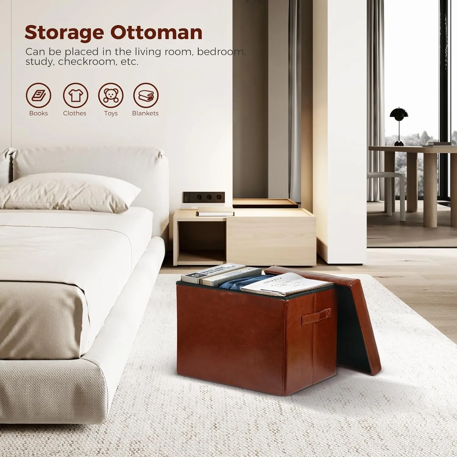 Storage Ottoman Footrest Stool with Thicker Foam Padded Seat. Small Ottoman with Storage Bench. Foldable Oil Waxed Leather Footstool for Living Room Coffee Table 350 lbs, 17x13x13in, Brown.