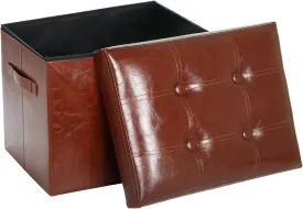 Storage Ottoman Footrest Stool with Thicker Foam Padded Seat. Small Ottoman with Storage Bench. Foldable Oil Waxed Leather Footstool for Living Room Coffee Table 350 lbs, 17x13x13in, Brown.