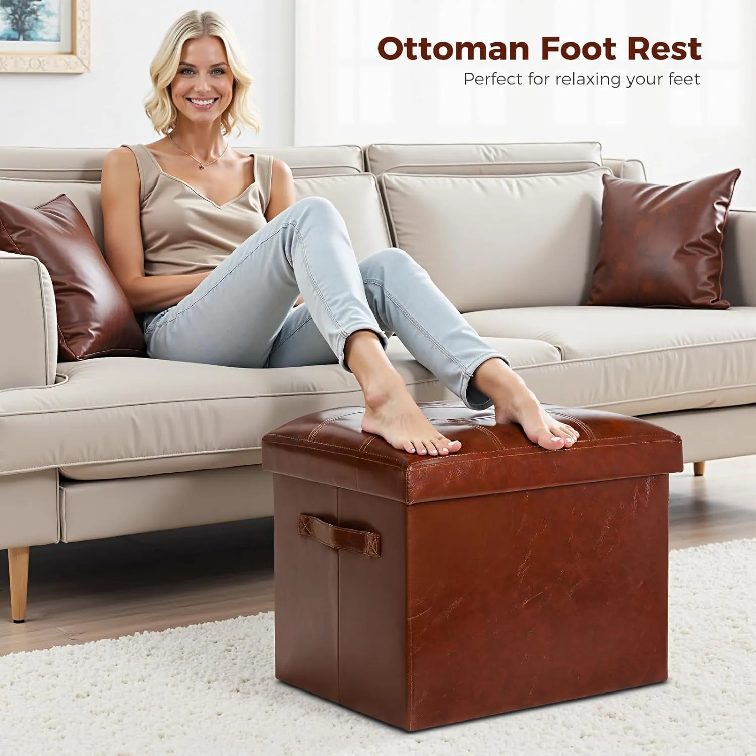 Storage Ottoman Footrest Stool with Thicker Foam Padded Seat. Small Ottoman with Storage Bench. Foldable Oil Waxed Leather Footstool for Living Room Coffee Table 350 lbs, 17x13x13in, Brown.