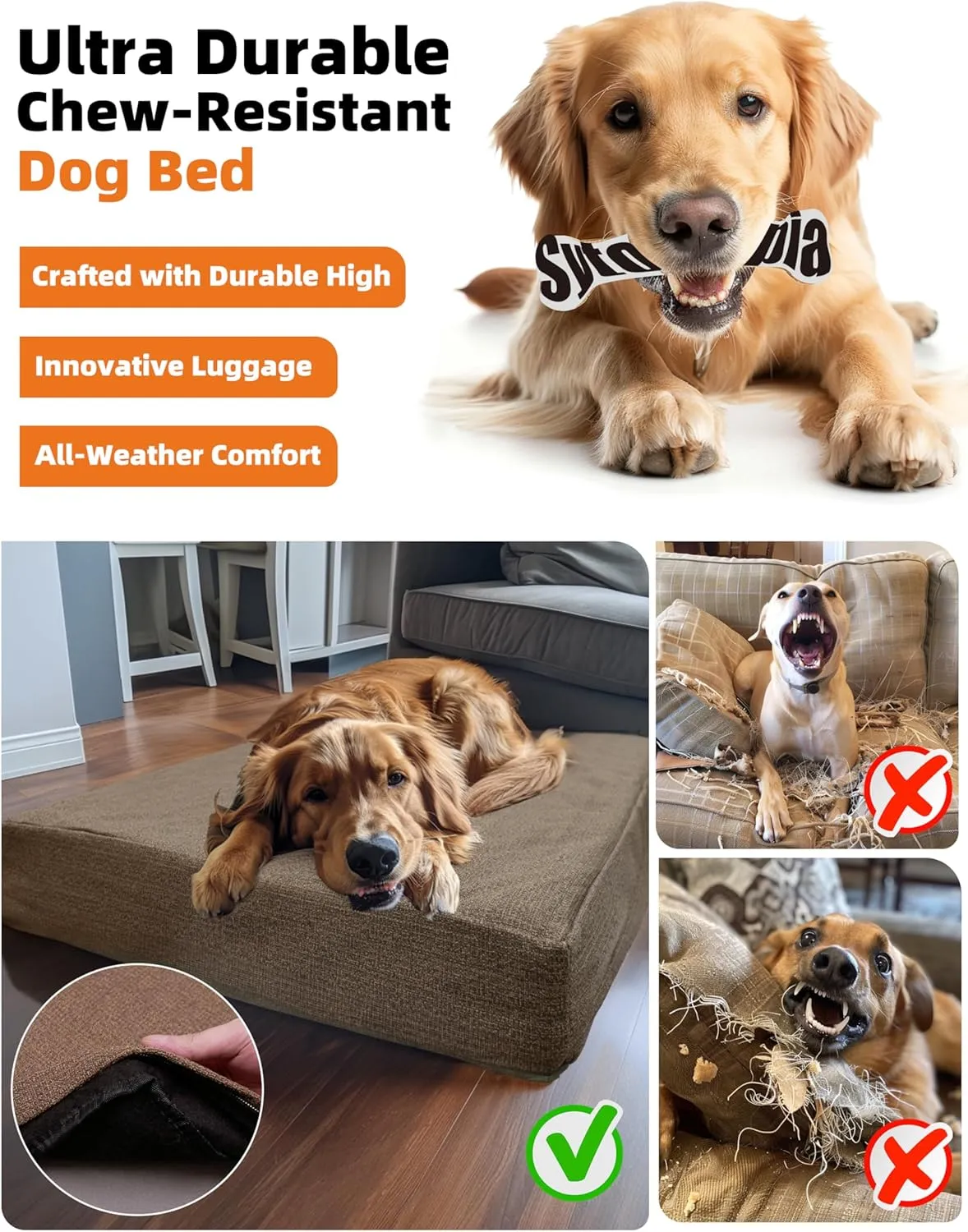 Sytopia 50" Chew-Proof Dog Bed, XXL, Outdoor Waterproof Pet Bed for Extra Large Dogs, Washable, Orthopedic, Dog Crate Pad, Supports up to 130 lbs, Caramel