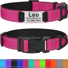 Taglory Personalized Dog Collars for Large Dogs, Custom Reflective Collar with Name Plate, Padded Pet ID Tags with Engraved Slide, Hot Pink