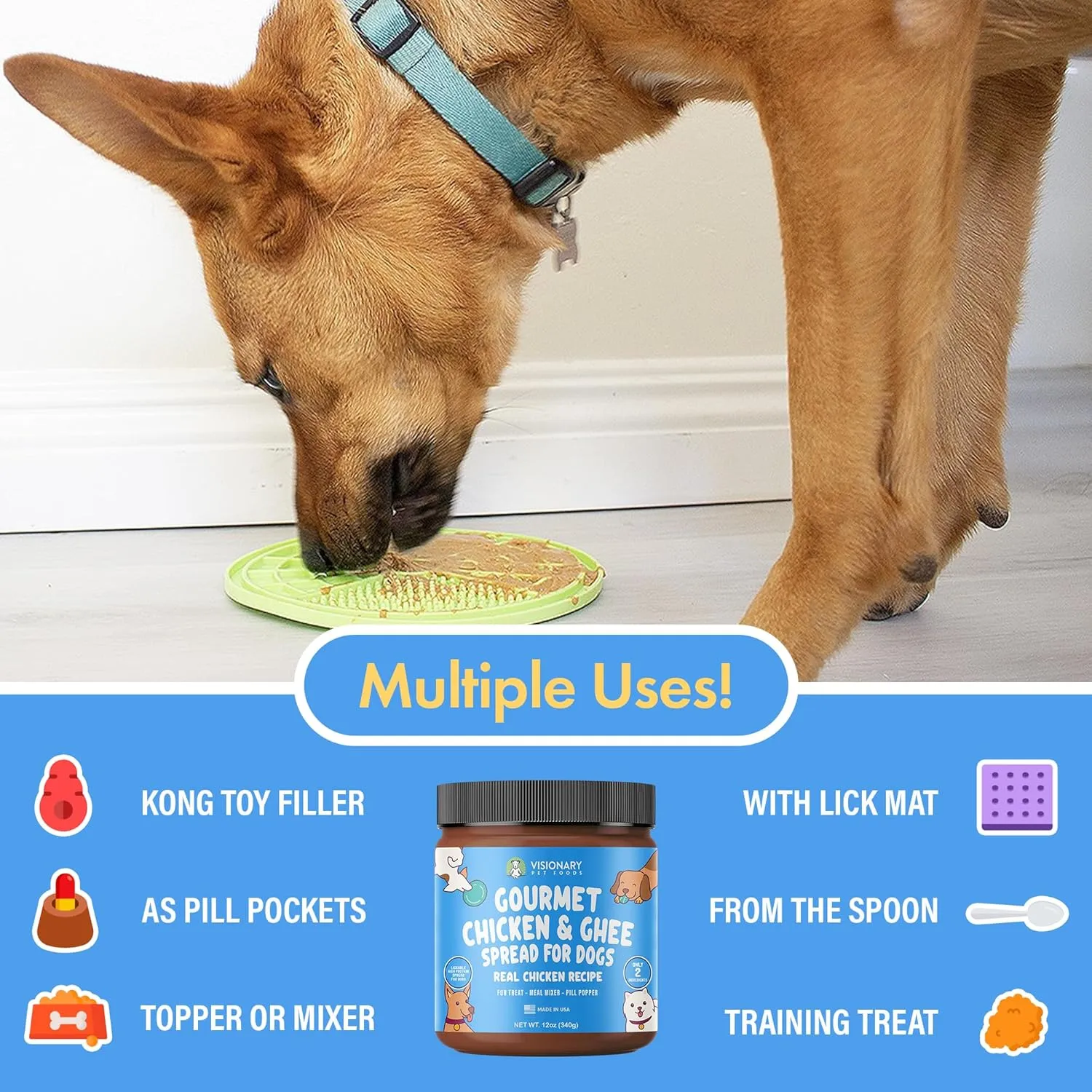Visionary Pet Foods Chicken Meat Spread - Healthy Dog Treat - Alternative to Dog Peanut Butter, Xylitol Free, No Sugar and Filler Free - Use on Lick Mat, Food Mixer, Pill Pockets - 12oz Jar