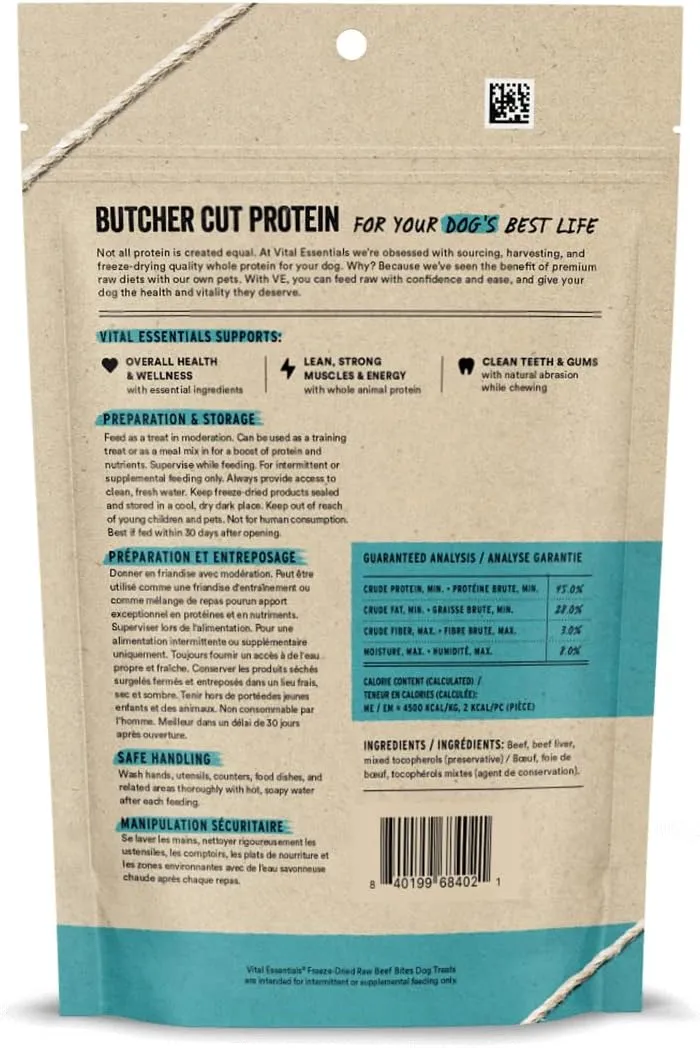 Vital Essentials Beef Bites Dog Treats, 6.2 oz | Freeze-Dried Raw | Single Protein |Premium Quality High Protein Training Treats | Grain Free, Gluten Free, Filler Free
