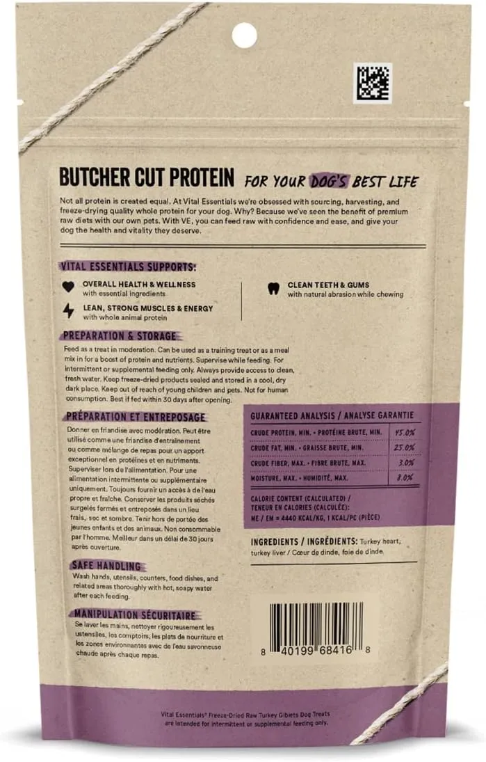 Vital Essentials Turkey Giblets Dog Treats, 2 oz | Freeze-Dried Raw | Single Ingredient |Premium Quality High Protein Training Treats | Grain Free, Gluten Free, Filler Free