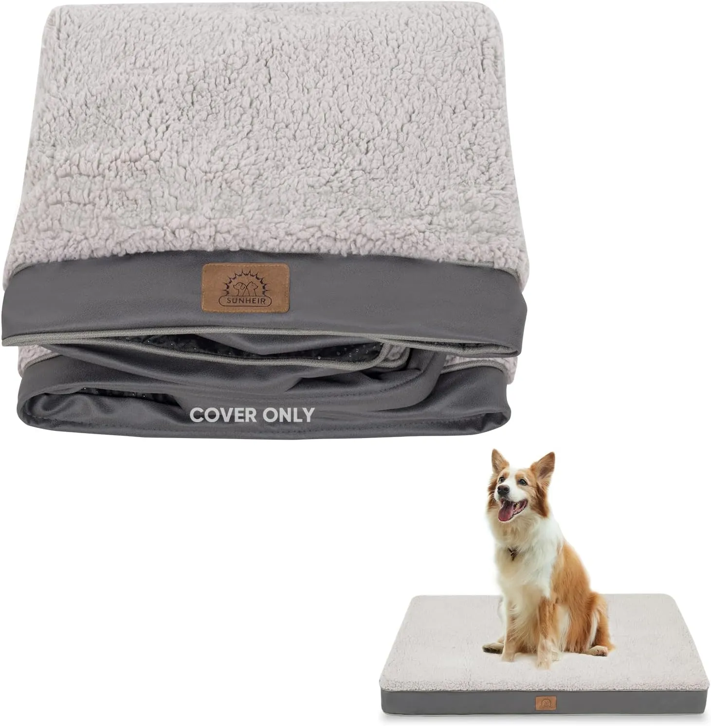 Washable Large Dog Bed Covers Soft Plush Replacement, Waterproof Dog Bed Liner, Pet Bed Cover with Zipper 35x22x3 Inches, Grey, Cover Only