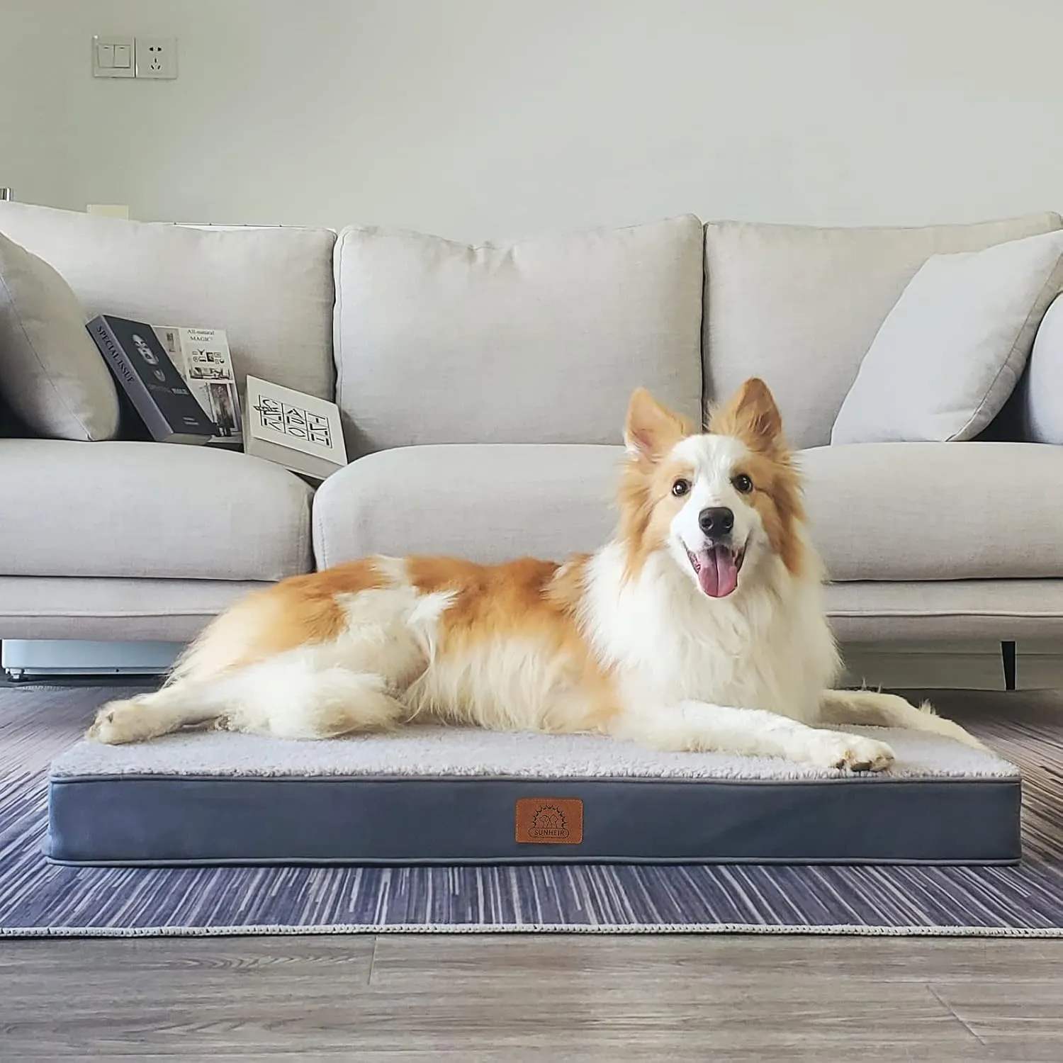 Washable Large Dog Bed Covers Soft Plush Replacement, Waterproof Dog Bed Liner, Pet Bed Cover with Zipper 35x22x3 Inches, Grey, Cover Only