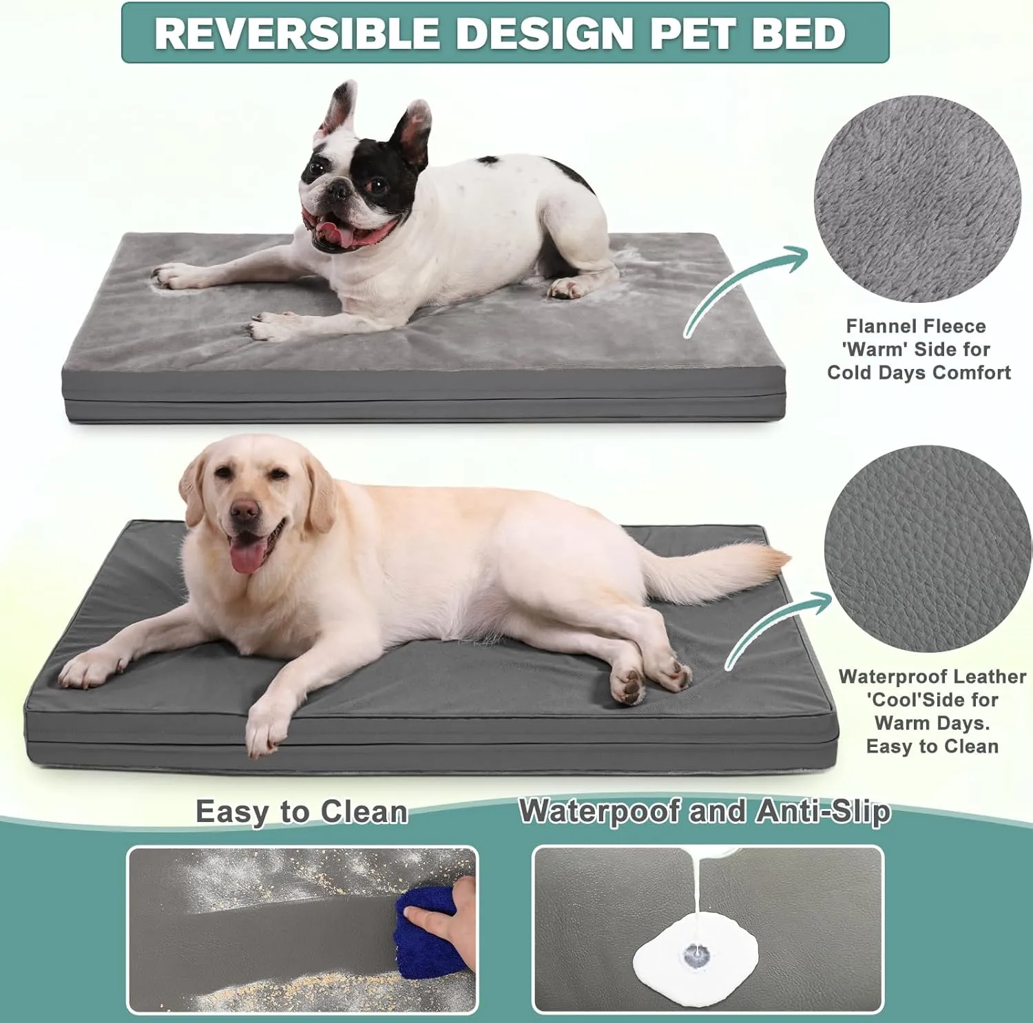 Waterproof XL Dog Beds Large Sized Dog, Orthopedic Washable Crate Pad 42 inch, Extra Large Foam Pet Bed with Removable Cover Reversible, XLarge Anti-Slip Kennel Pad, 41"x27", Gray