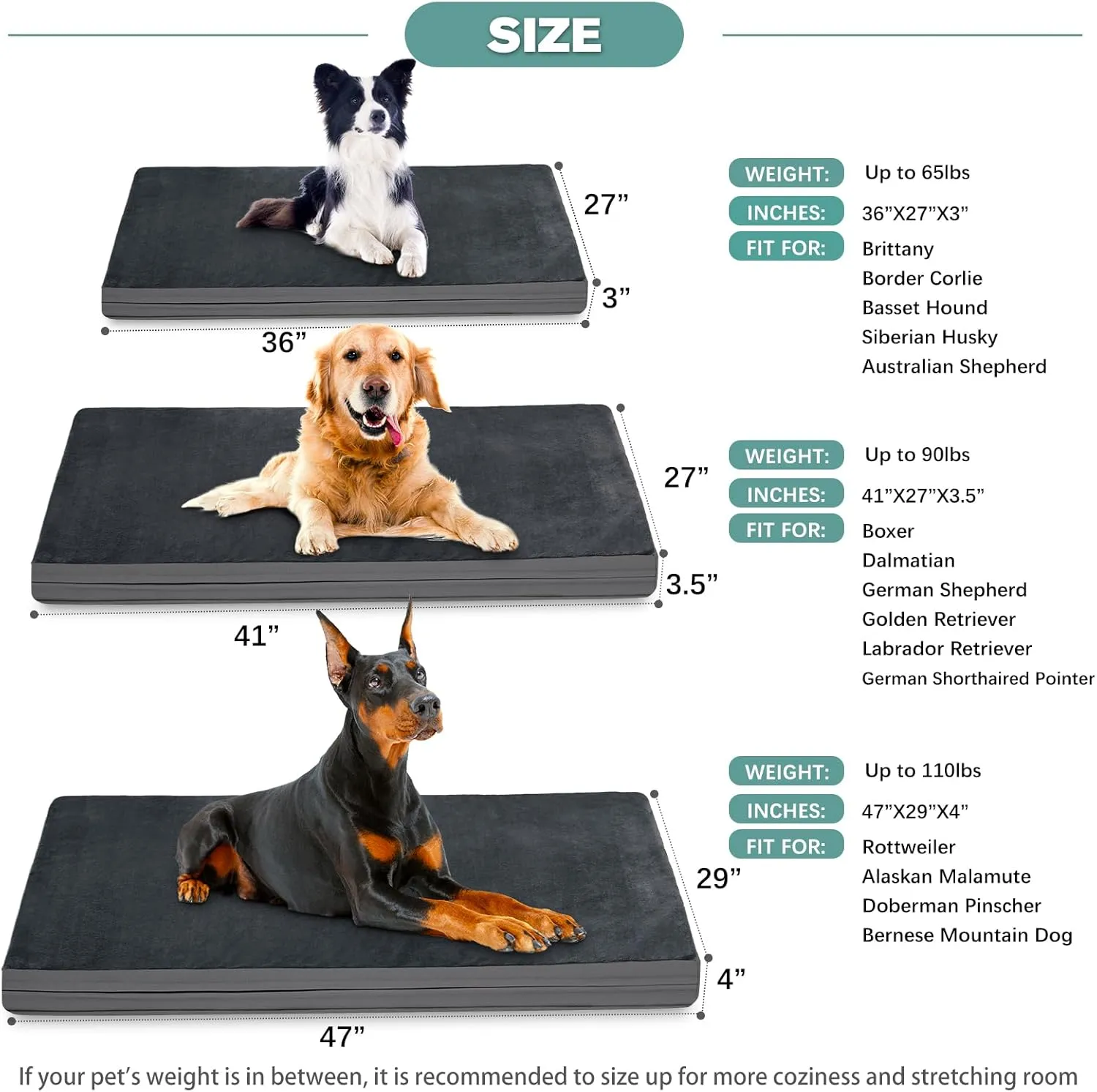 Waterproof XXL Dog Beds Large Sized Dogs, Orthopedic Washable Crate Pad 48 inch, Jumbo XXLarge Foam Pet Bed with Removable Cover Reversible, Anti-Slip Kennel Pad, 47"x29", Dark Gray