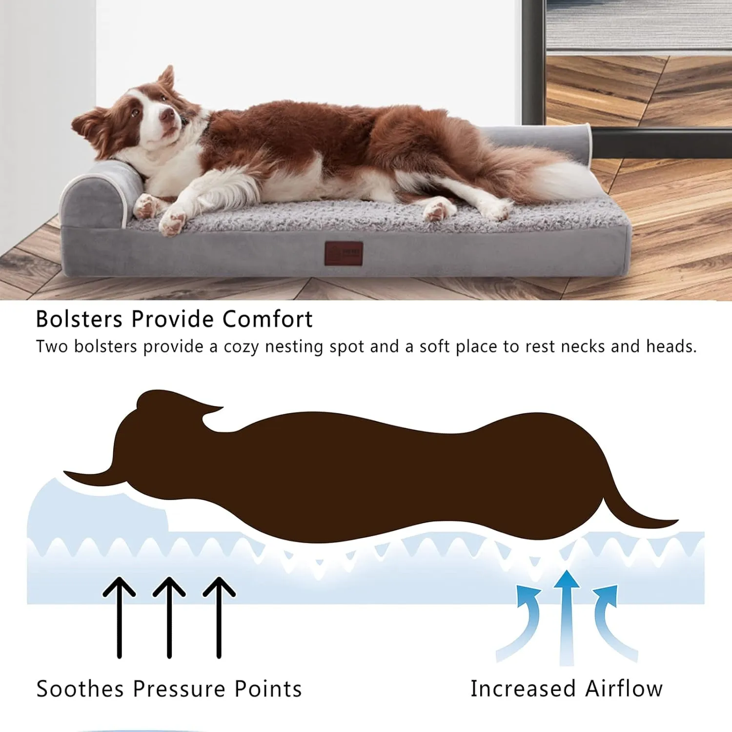 WESTERN HOME Orthopedic Dog Beds Big Large Sized Dog, Pet Sofa Bed with Removable Washable Cover, Egg Foam Support, Bolster Cushion for Comfortable Sleep, Waterproof Lining and Non-Slip Bottom