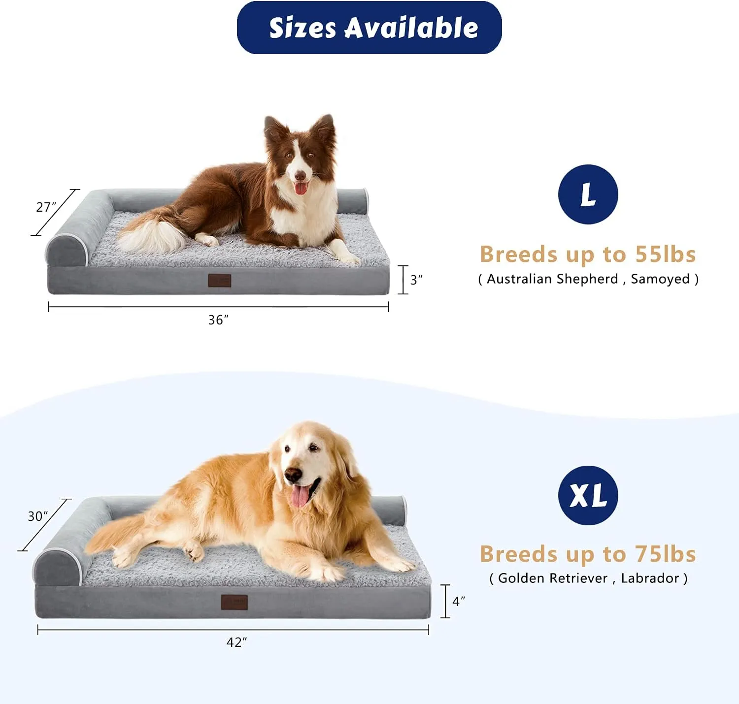 WESTERN HOME Orthopedic Dog Beds Big Large Sized Dog, Pet Sofa Bed with Removable Washable Cover, Egg Foam Support, Bolster Cushion for Comfortable Sleep, Waterproof Lining and Non-Slip Bottom