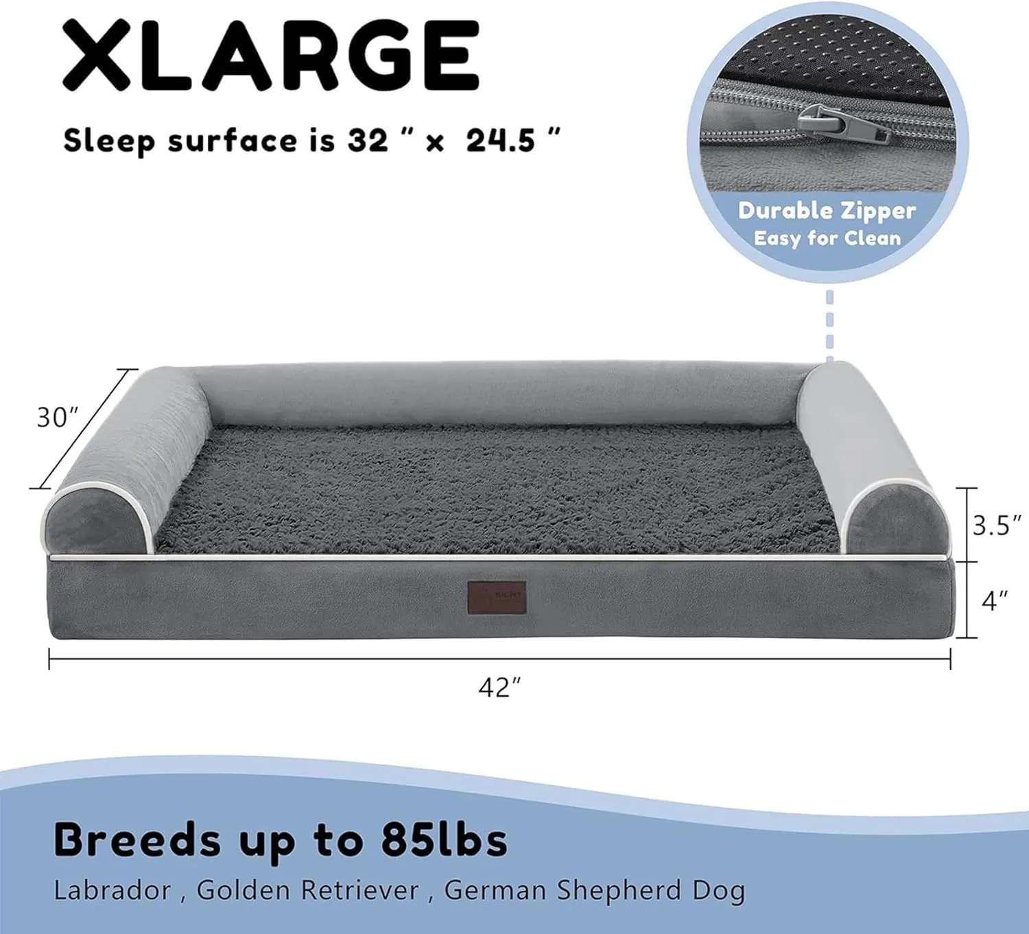 WESTERN HOME Orthopedic Dog Beds for Large Dogs, Foam Pet Sofa with Waterproof Lining, Removable Washable Cover and Nonskid Bottom, Dog Couch Bed for Comfortable Sleep,Dark Grey