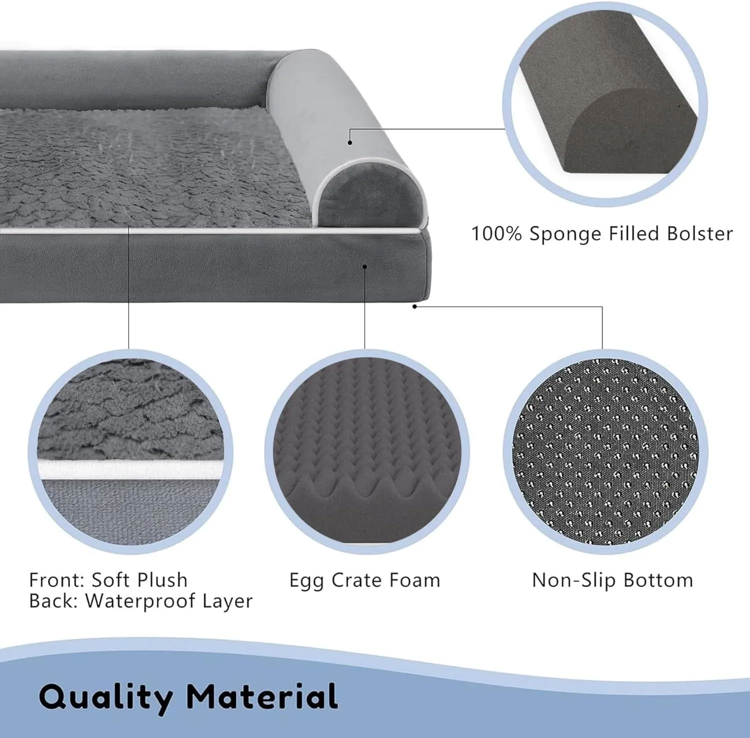 WESTERN HOME Orthopedic Dog Beds for Large Dogs, Foam Pet Sofa with Waterproof Lining, Removable Washable Cover and Nonskid Bottom, Dog Couch Bed for Comfortable Sleep,Dark Grey