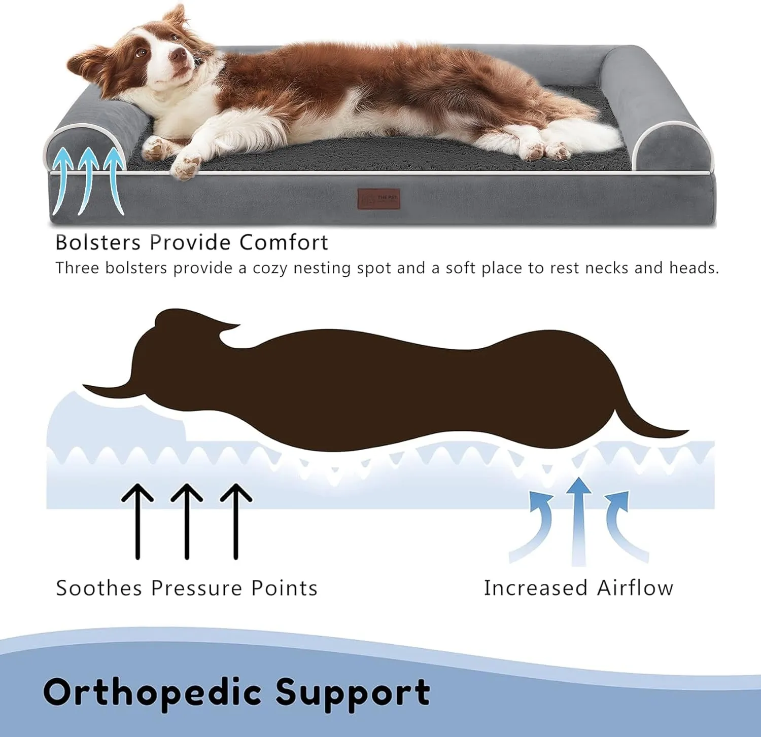WESTERN HOME Orthopedic Dog Beds for Large Dogs, Foam Pet Sofa with Waterproof Lining, Removable Washable Cover and Nonskid Bottom, Dog Couch Bed for Comfortable Sleep,Dark Grey