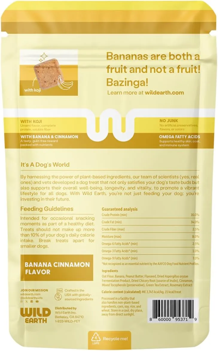 Wild Earth Superfood Dog Treats, Plant Based Dog Treats with Omega Acids, Prebiotics & Koji Protein, No Fillers, Veterinarian-Developed, Banana & Cinnamon Flavor