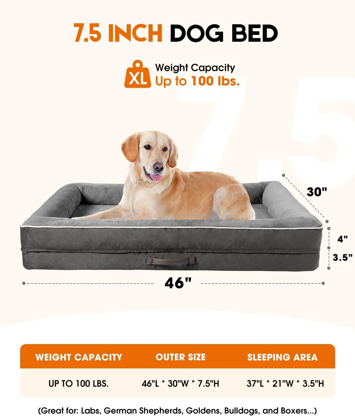X-Large Orthopedic Dog Bed, Egg Foam Dog Couch with Removable Washable Cover, Waterproof Pet Sofa Bed with Non-Slip Bottom and Four-Sided Bolster Cushion, Gray Dog Beds for Large Sized Dog