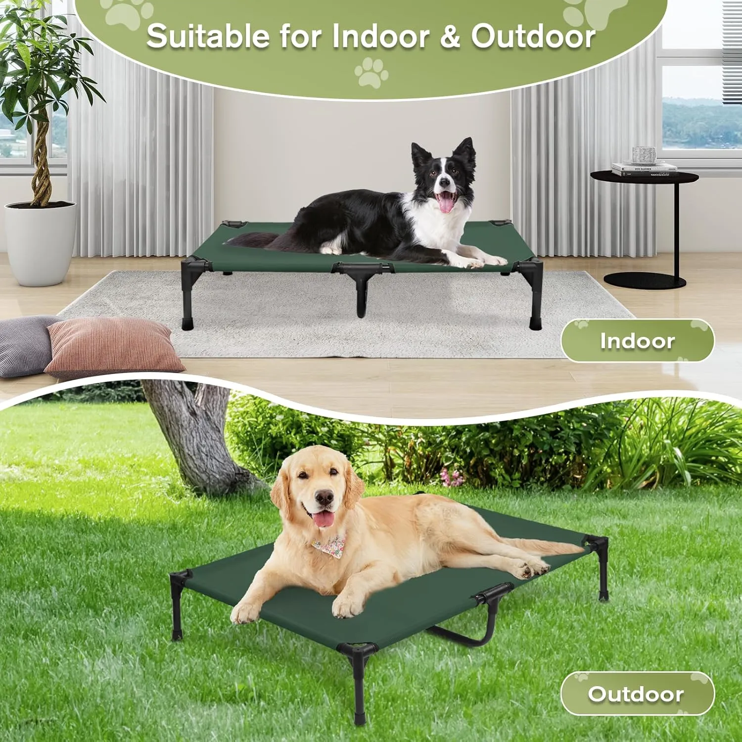 XLarge Elevated Dog Bed, XL Cooling Raised Dog Beds for Large Dogs, Outdoor Pet Cot with Stable Frame, Durable Pet Hammock Cots with Breathable Mesh, Easy to Assemble, Non Slip, Green