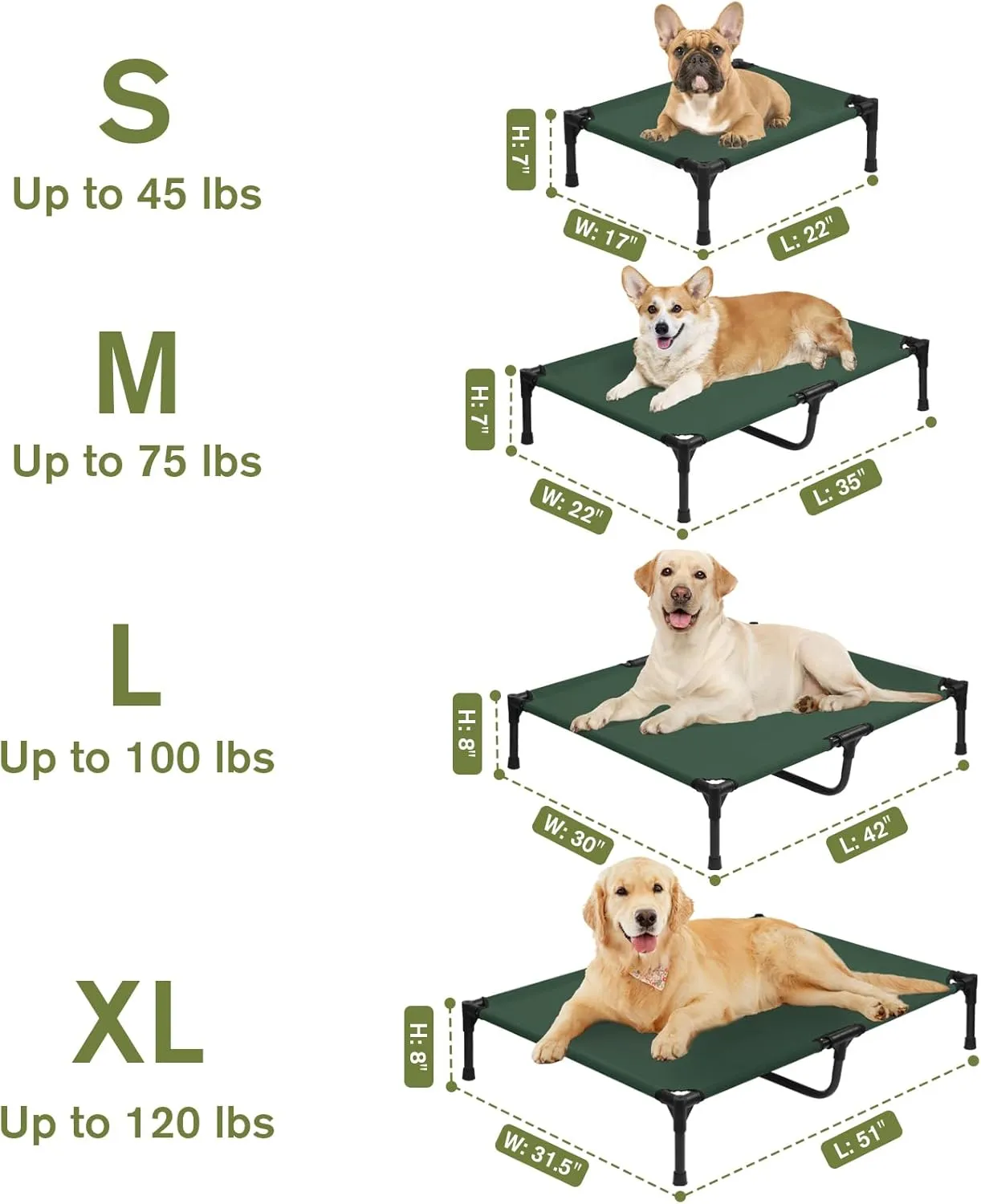 XLarge Elevated Dog Bed, XL Cooling Raised Dog Beds for Large Dogs, Outdoor Pet Cot with Stable Frame, Durable Pet Hammock Cots with Breathable Mesh, Easy to Assemble, Non Slip, Green