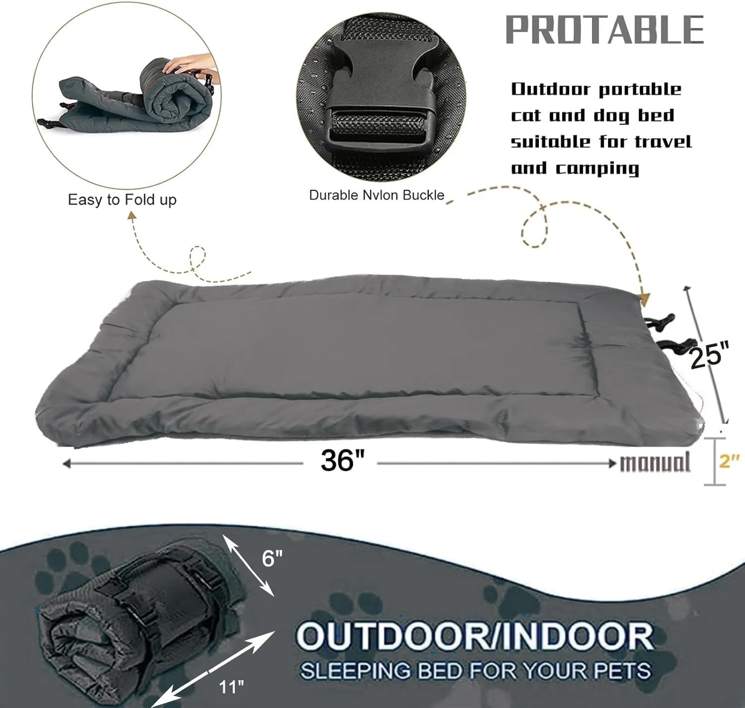 YOFANG Outdoor Travel Dog Bed,Portable Crate Mat Waterproof Anti-Slip, Kennel Pad Washable,Pet Camping Beds Ripstop 1600D Nylon Fabric,Easy to Clean for for Large Medium Dogs or Cats,47"x32" Grey