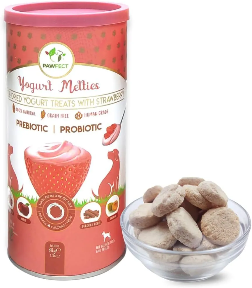 Yogurt Melties Pre and Probiotic Dog Treats - Strawberry | Healthy Gut | Low Calories | Grain & Gluten Free| Also use as reward or Training Treats (1.34oz)
