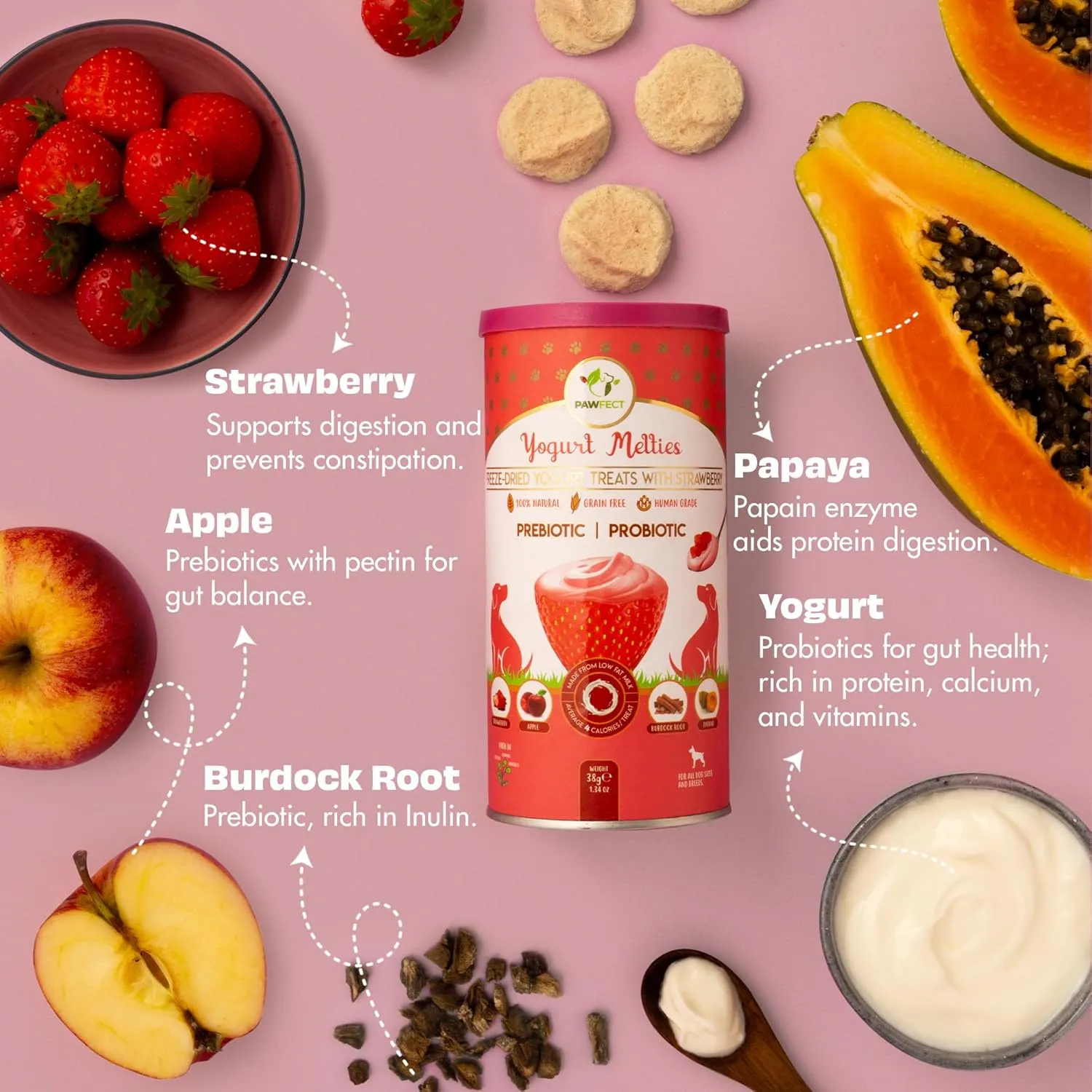 Yogurt Melties Pre and Probiotic Dog Treats - Strawberry | Healthy Gut | Low Calories | Grain & Gluten Free| Also use as reward or Training Treats (1.34oz)